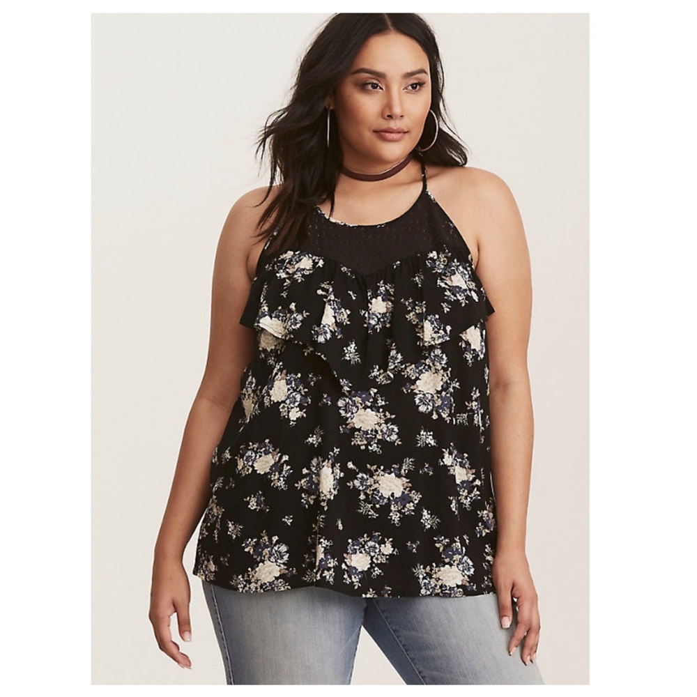 Torrid Black Floral Lace Inset Challis Cami